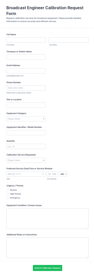 Broadcast Engineer Calibration Request Form Template