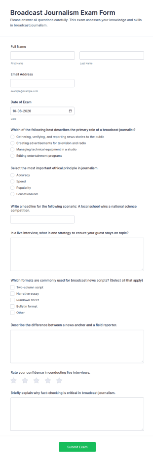 Broadcast Journalism Exam Form Template