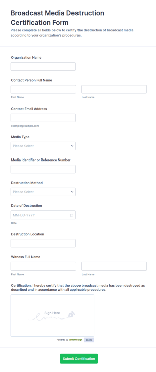 Broadcast Media Destruction Certification Form Template