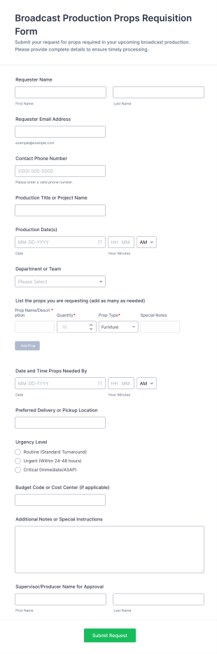 Broadcast Production Props Requisition Form Template