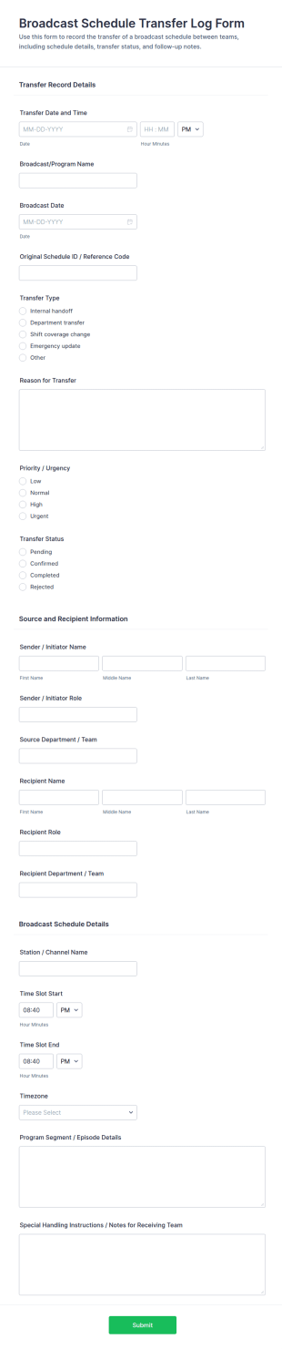 Broadcast Schedule Transfer Log Form Template