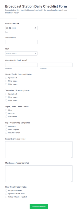 Broadcast Station Daily Checklist Form Template