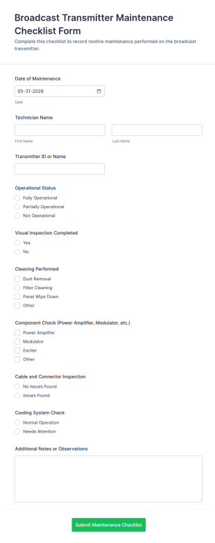 Broadcast Transmitter Maintenance Checklist Form Template
