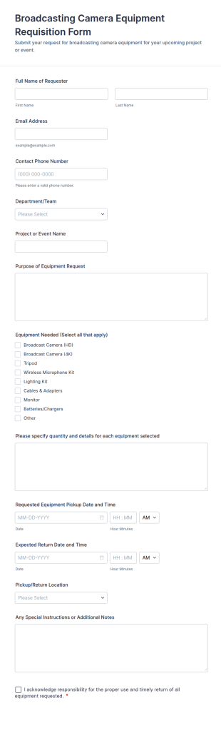 Broadcasting Camera Equipment Requisition Form Template