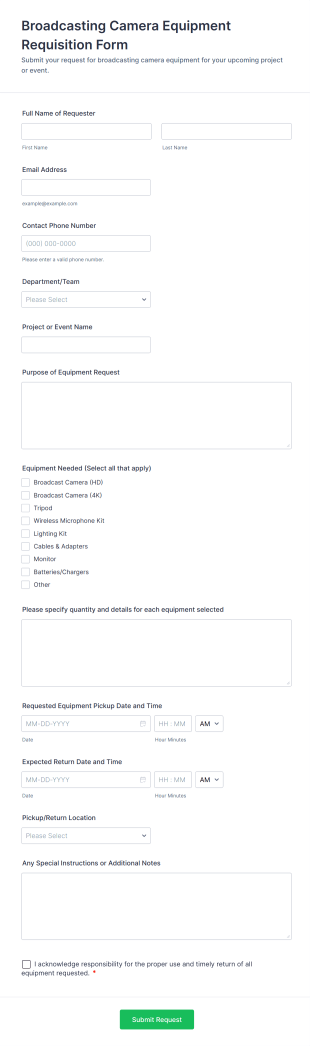 Broadcasting Camera Equipment Requisition Form Template
