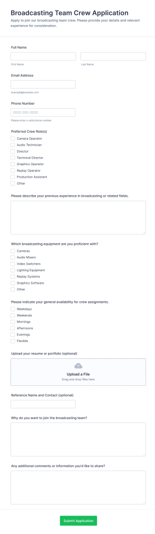 Broadcasting Team Crew Application Form Template