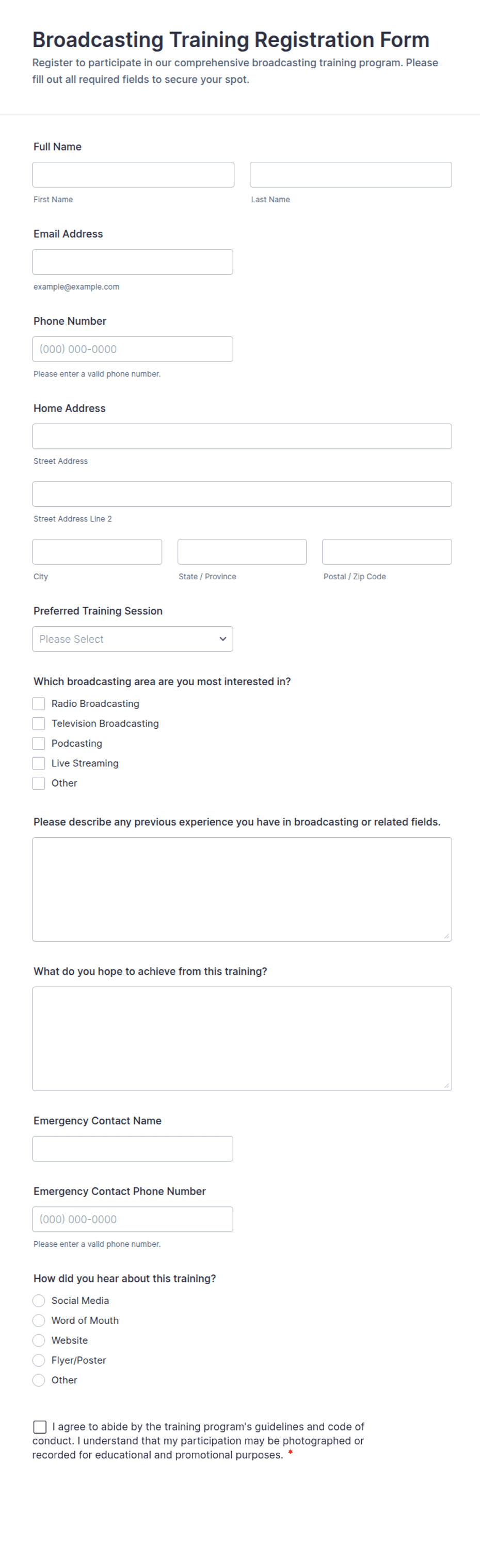 Broadcast Form Broadcasting Training Registration Form Template | Jotform
