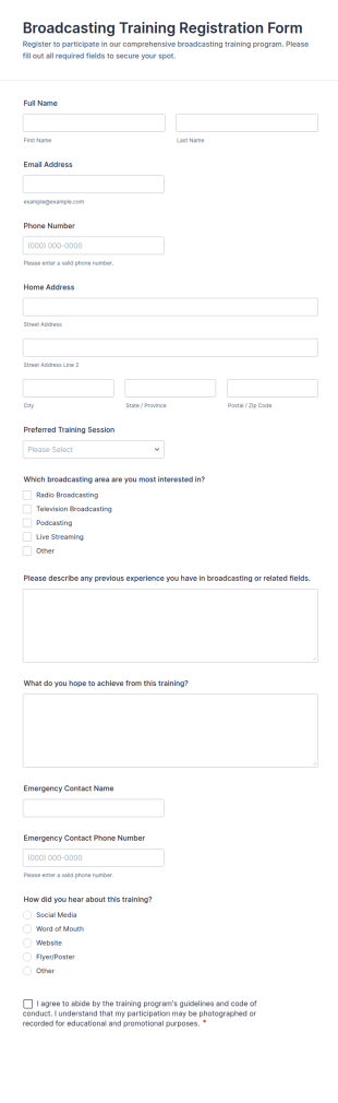 Broadcasting Training Registration Form Template