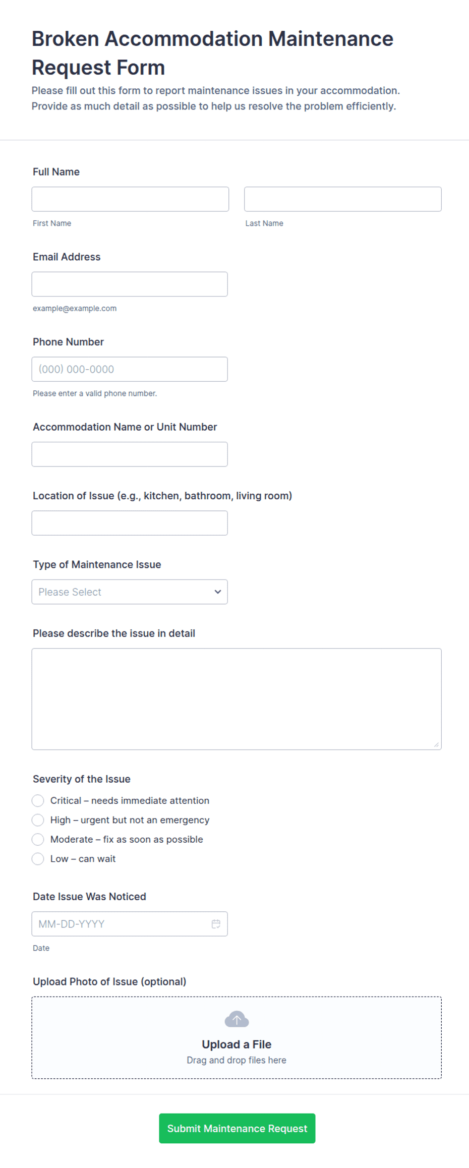 Broken Accommodation Maintenance Request Form Template | Jotform
