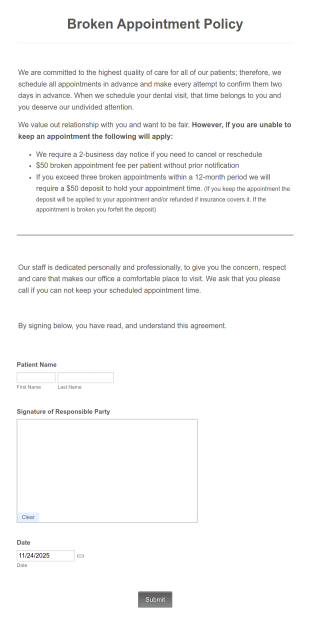 Broken Appointment Policy Acknowledgement Form Template