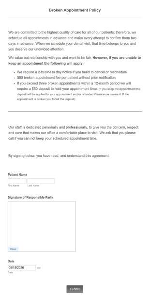 Broken Appointment Policy Acknowledgement Form Template