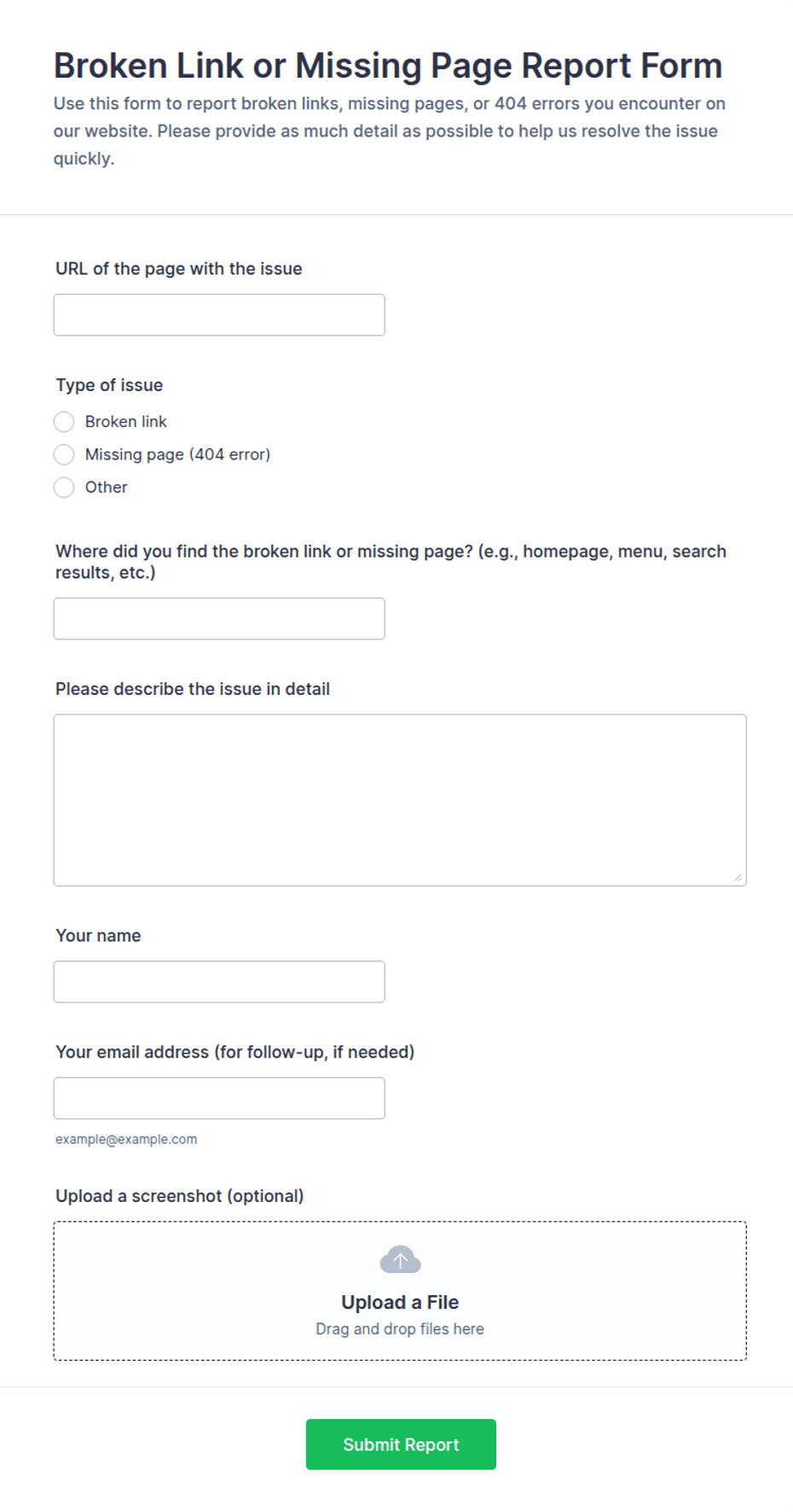 Broken Link or Missing Page Report Form Template | Jotform