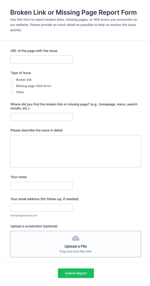 Broken Link Or Missing Page Report Form Template
