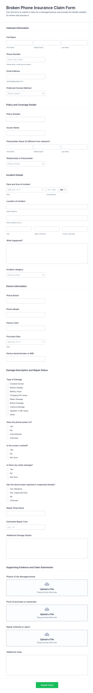 Broken Phone Insurance Claim Form Template