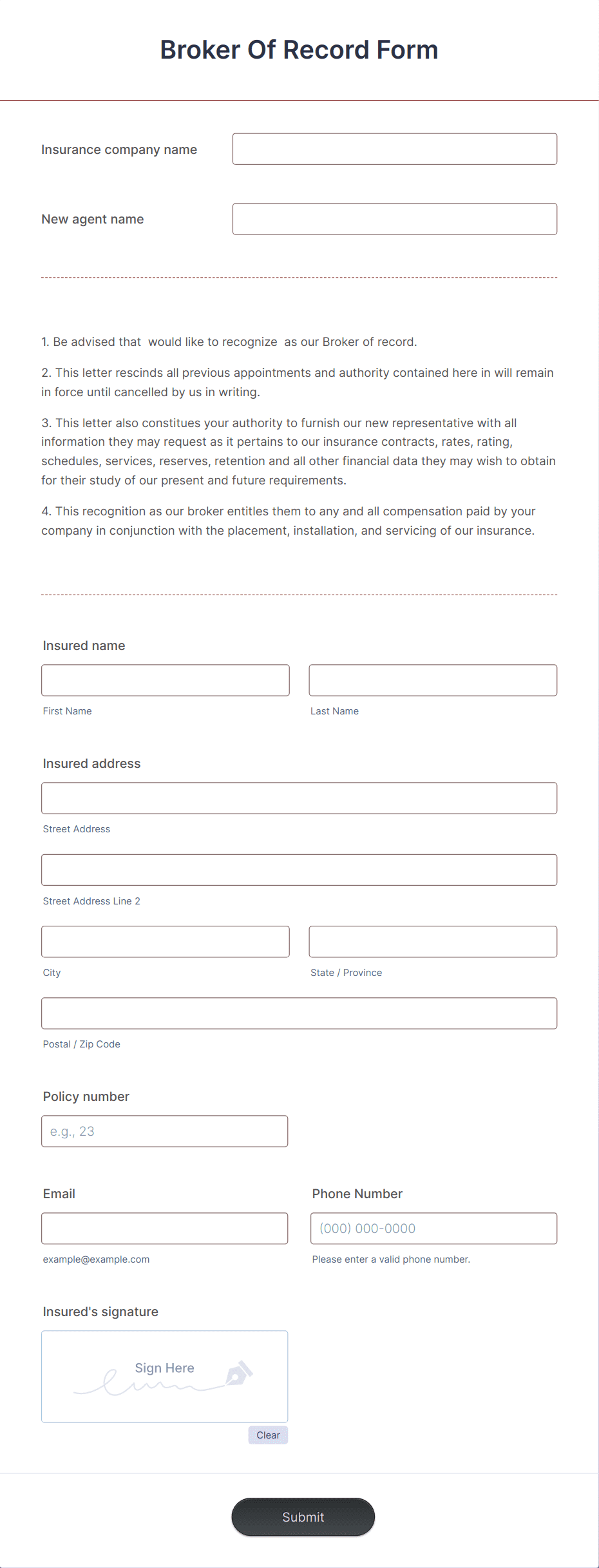 Broker Of Record Form Template | Jotform