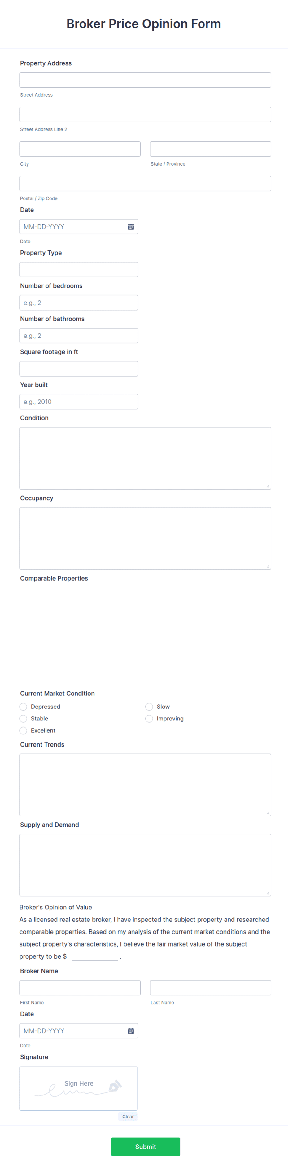 Price R Esl Return Form Broker Price Opinion Form Template | Jotform