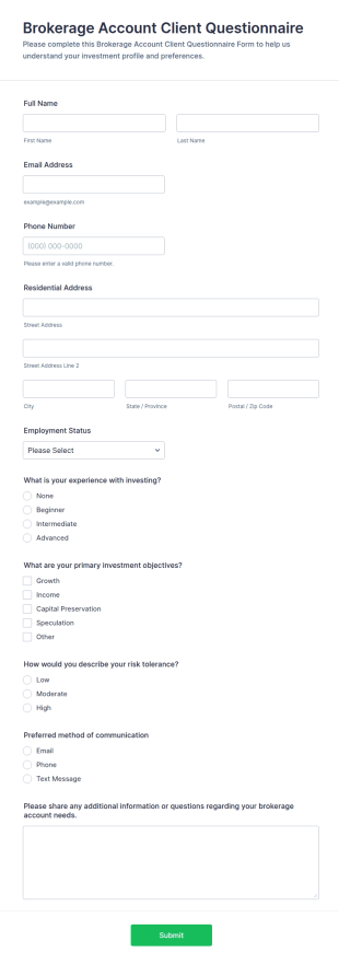 Brokerage Account Client Questionnaire Form Template