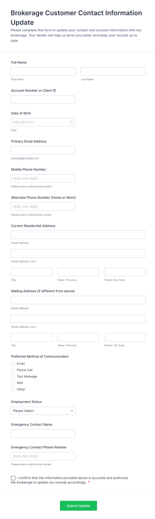 Brokerage Customer Contact Information Update Form Template