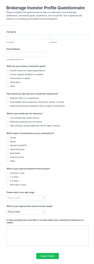 Brokerage Investor Profile Questionnaire Form Template
