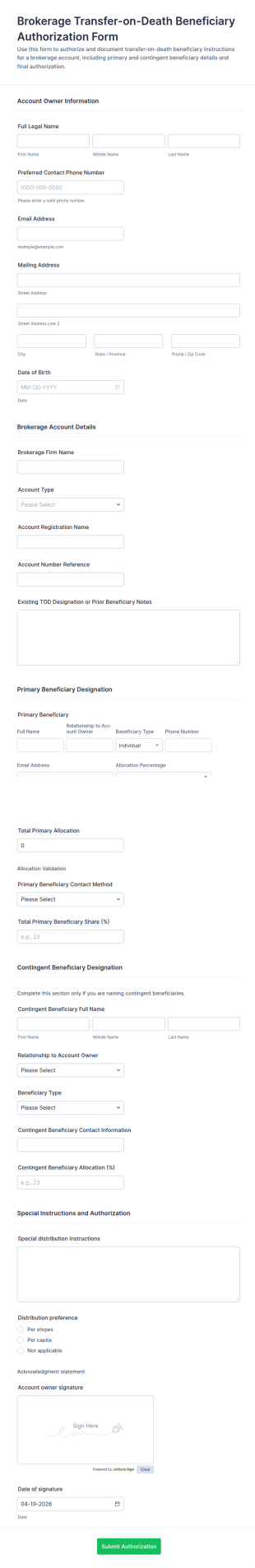 Brokerage Transfer On Death Beneficiary Authorization Form Template