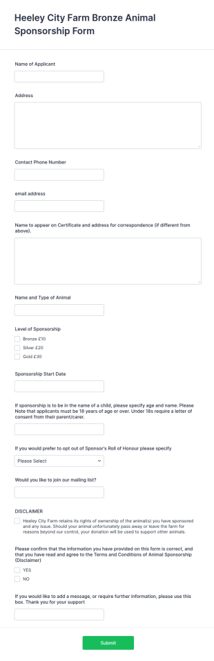 Animal Sponsorship Application Form Template