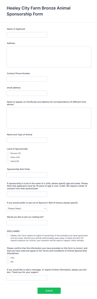 Animal Sponsorship Application Form Template