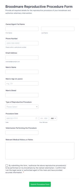 Broodmare Reproductive Procedure Form Template