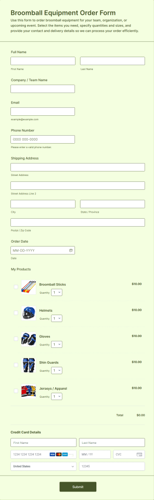 Broomball Equipment Order Form Template