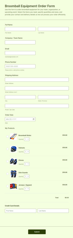 Broomball Equipment Order Form Template