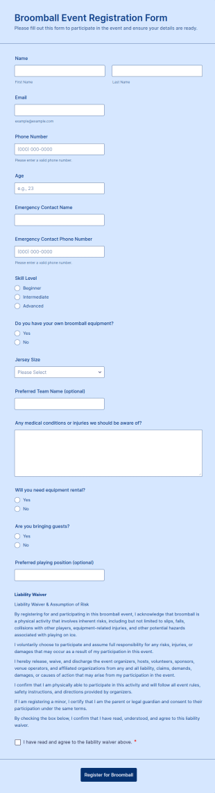 Broomball Event Registration Form Template