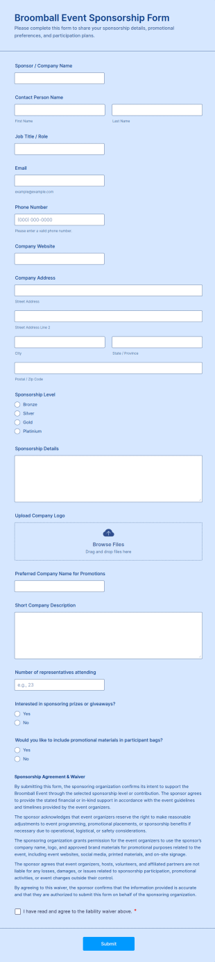Broomball Event Sponsorship Form Template