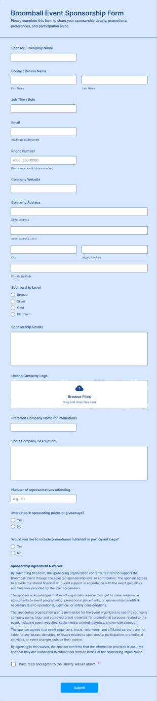 Broomball Event Sponsorship Form Template
