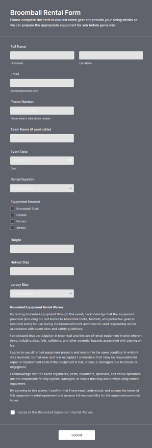 Broomball Rental Form Template