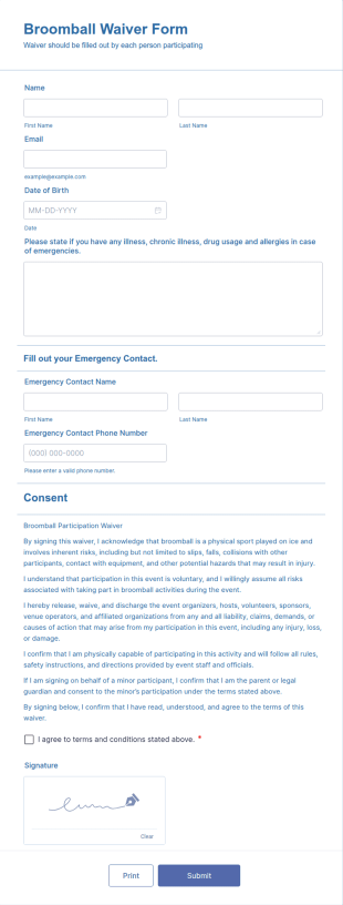 Broomball Waiver Form Template