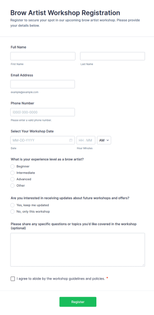 Brow Artist Workshop Registration Form Template