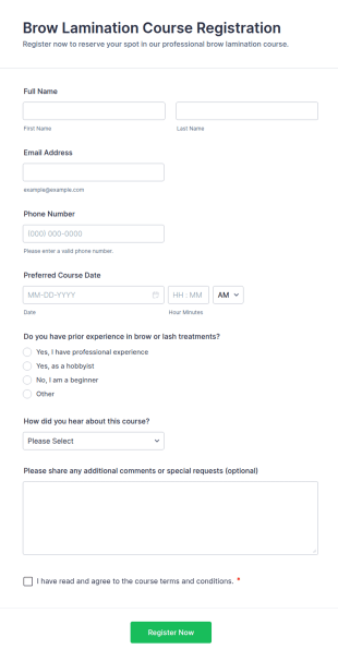 Brow Lamination Course Registration Form Template