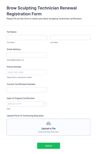 Brow Sculpting Technician Renewal Registration Form Template