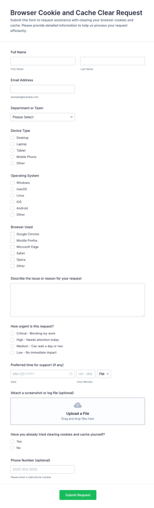 Browser Cookie & Cache Clear Request Form Template