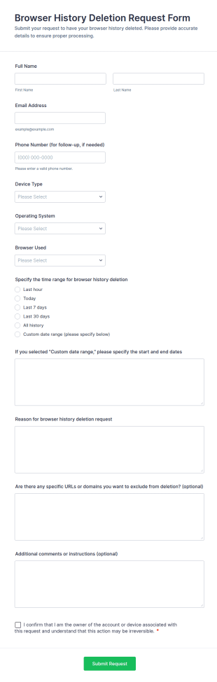Browser History Deletion Request Form Template