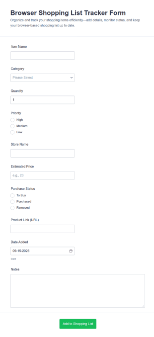 Browser Shopping List Tracker Form Template