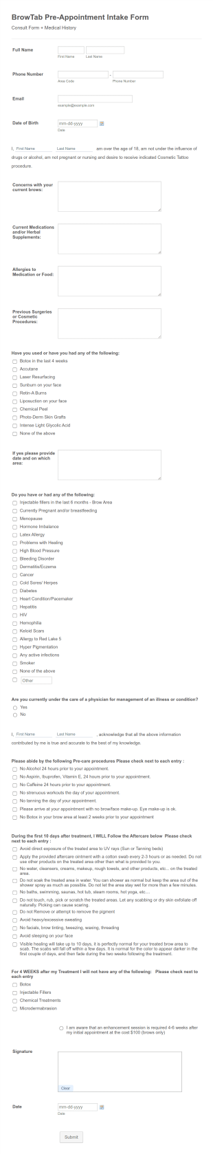 BrowTab Pre Appointment Intake Form Template