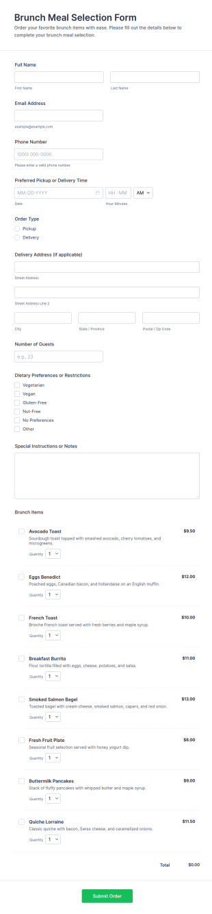 Brunch Meal Selection Form Template