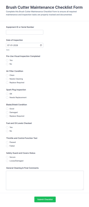 Brush Cutter Maintenance Checklist Form Template