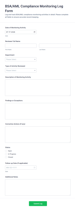 BSA/AML Compliance Monitoring Log Form Template
