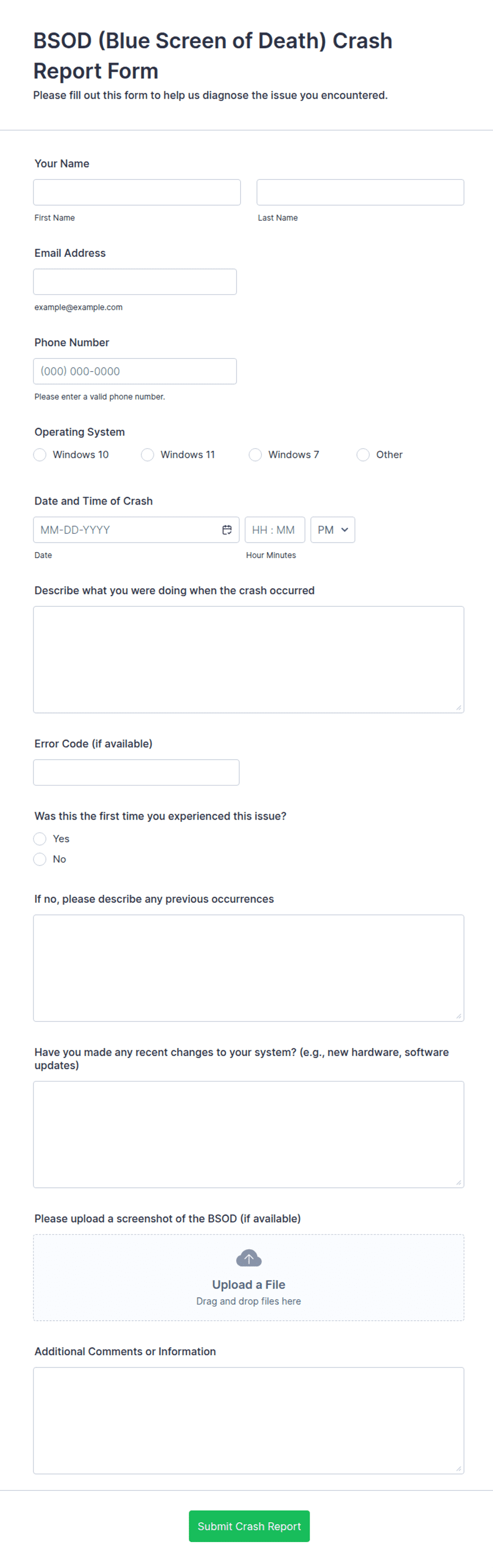 BSOD (Blue Screen of Death) Crash Report Form Template | Jotform