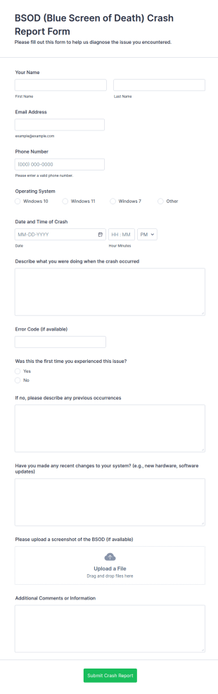 BSOD (Blue Screen Of Death) Crash Report Form Template