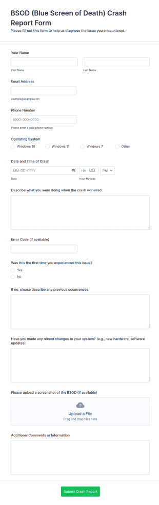 BSOD (Blue Screen Of Death) Crash Report Form Template