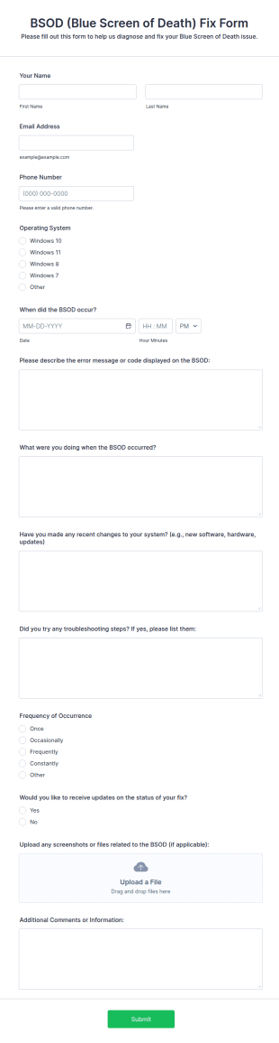 BSOD (Blue Screen Of Death) Fix Form Template