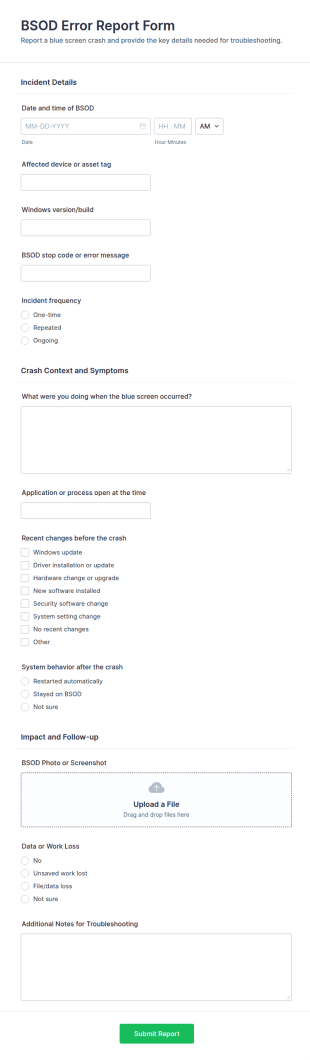 BSOD Error Report Form Template