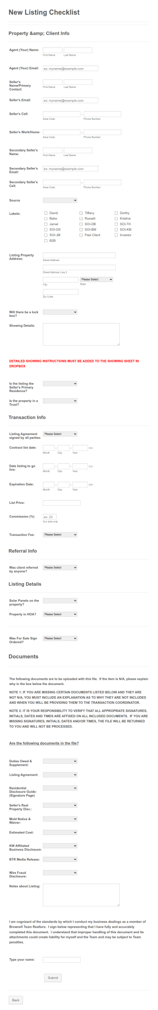 New Listing Checklist Form Template